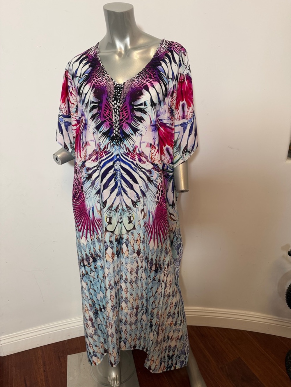 Bohemian Tie Dye Multicolor Crocodile Print  Boho Maxi Caftan Muumuu Beach Dress